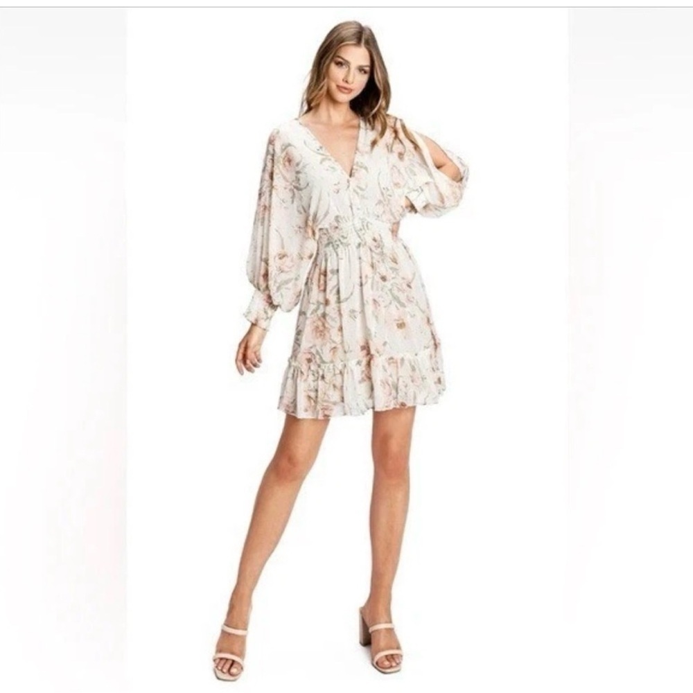 LoveStitch Floral V-Neck Ruffle Mini Dress in Cream - Picture 2 of 11